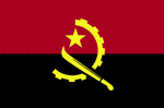 Color flag of Angola. Two equal horizontal bands of red (top) and black with a centered yellow emblem consisting of a five-pointed star within half a cogwheel crossed by a machete (in the style of a hammer and sickle).