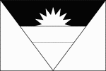 Black and white outline flag of Antigua and Barbuda. Red, with an inverted isosceles triangle based on the top edge of the flag; the triangle contains three horizontal bands of black (top), light blue, and white, with a yellow rising sun in the black band