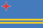 Color flag of Aruba. Blue, with two narrow, horizontal, yellow stripes across the lower portion and a red, four-pointed star outlined in white in the upper hoist-side corner.