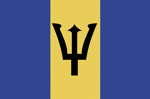 Color flag of Barbados. Three equal vertical bands of blue (hoist side), gold, and blue with the head of a black trident centered on the gold band; the trident head represents independence and a break with the past (the colonial coat of arms contained a complete trident).