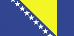 Color flag of Bosnia and Herzegovina. A wide medium blue vertical band on the fly side with a yellow isosceles triangle abutting the band and the top of the flag; the remainder of the flag is medium blue with seven full five-pointed white stars and two half stars top and bottom along the hypotenuse of the triangle.