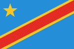 Color flag of Congo, Democratic Republic of the. Sky blue field divided diagonally from the lower hoist corner to upper fly corner by a red stripe bordered by two narrow yellow stripes; a yellow, five-pointed star appears in the upper hoist corner.