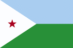 Color flag of Djibouti. Two equal horizontal bands of light blue (top) and light green with a white isosceles triangle based on the hoist side bearing a red five-pointed star in the center.