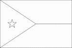 Black and white outline flag of Djibouti. Two equal horizontal bands of light blue (top) and light green with a white isosceles triangle based on the hoist side bearing a red five-pointed star in the center
