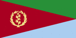 Color flag of Eritrea. Red isosceles triangle (based on the hoist side) dividing the flag into two right triangles; the upper triangle is green, the lower one is blue; a gold wreath encircling a gold olive branch is centered on the hoist side of the red triangle.