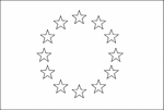 Black and white outline flag of European Union Blue field with 12 five-pointed gold stars arranged in a circle in the center, representing the union of the peoples of Europe; the number of stars is fixed