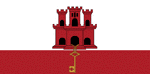 Color flag of Gibraltar. Two horizontal bands of white (top, double width) and red with a three-towered red castle in the center of the white band; hanging from the castle gate is a gold key centered in the red band.
