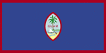 Color flag of Guam. Territorial flag is dark blue with a narrow red border on all four sides; centered is a red-bordered, pointed, vertical ellipse containing a beach scene, outrigger canoe with sail, and a palm tree with the word GUAM superimposed in bold red letters; US flag is the national flag.