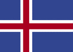 Color flag of Iceland. Blue with a red cross outlined in white extending to the edges of the flag; the vertical part of the cross is shifted to the hoist side in the style of the Dannebrog (Danish flag).