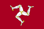 Color flag of Isle of Man. Red with the Three Legs of Man emblem (Trinacria), in the center; the three legs are joined at the thigh and bent at the knee; in order to have the toes pointing clockwise on both sides of the flag, a two-sided emblem is used.