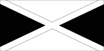 Black and white outline flag of Jamaica. Diagonal yellow cross divides the flag into four triangles - green (top and bottom) and black (hoist side and outer side)