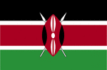 Color flag of Kenya. Three equal horizontal bands of black (top), red, and green; the red band is edged in white; a large warrior's shield covering crossed spears is superimposed at the center.