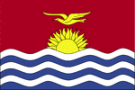 Color flag of Kiribati. The upper half is red with a yellow frigate bird flying over a yellow rising sun, and the lower half is blue with three horizontal wavy white stripes to represent the ocean.