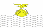 Black and white outline flag of Kiribati. The upper half is red with a yellow frigate bird flying over a yellow rising sun, and the lower half is blue with three horizontal wavy white stripes to represent the ocean