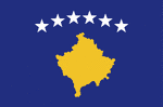 Color flag of Kosovo. Centered on a dark blue field is the geographical shape of Kosovo in a gold color surmounted by six white, five-pointed stars - each representing one of the major ethnic groups of Kosovo - arrayed in a slight arc.