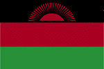 Color flag of Malawi. Three equal horizontal bands of black (top), red, and green with a radiant, rising, red sun centered in the black band.