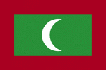 Color flag of Maldives. Red with a large green rectangle in the center bearing a vertical white crescent; the closed side of the crescent is on the hoist side of the flag.