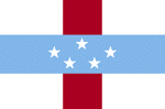Color flag of Netherlands Antilles. White, with a horizontal blue stripe in the center superimposed on a vertical red band, also centered; five white, five-pointed stars are arranged in an oval pattern in the center of the blue band; the five stars represent the five main islands of Bonaire, Curacao, Saba, Sint Eustatius, and Sint Maarten.