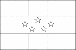 Black and white outline flag of Netherlands Antilles. White, with a horizontal blue stripe in the center superimposed on a vertical red band, also centered; five white, five-pointed stars are arranged in an oval pattern in the center of the blue band; the five stars represent the five main islands of Bonaire, Curacao, Saba, Sint Eustatius, and Sint Maarten