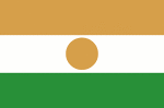 Color flag of Niger. Three equal horizontal bands of orange (top), white, and green with a small orange disk (representing the sun) centered in the white band; similar to the flag of India, which has a blue spoked wheel centered in the white band.