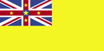 Color flag of Niue. Yellow with the flag of the UK in the upper hoist-side quadrant; the flag of the UK bears five yellow five-pointed stars - a large star on a blue disk in the center and a smaller star on each arm of the bold red cross.