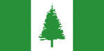 Color flag of Norfolk Island. Three vertical bands of green (hoist side), white, and green with a large green Norfolk Island pine tree centered in the slightly wider white band.