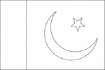 Black and white outline flag of Pakistan. Green with a vertical white band (symbolizing the role of religious minorities) on the hoist side; a large white crescent and star are centered in the green field; the crescent, star, and color green are traditional symbols of Islam