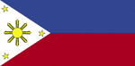 Color flag of Philippines. Two equal horizontal bands of blue (top; representing peace and justice) and red (representing courage); a white equilateral triangle based on the hoist side represents equality; the center of the triangle displays a yellow sun with eight primary rays, each representing one of the first eight provinces that sought independence from Spain; each corner of the triangle contains a small, yellow, five-pointed star representing the three major geographical divisions of the country: Luzon, Visayas, and Mindanao; the design of the flag dates to 1897; in wartime the flag is flown upside down with the red band at the top.