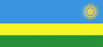 Color flag of Rwanda. Three horizontal bands of sky blue (top, double width), yellow, and green, with a golden sun with 24 rays near the fly end of the blue band.