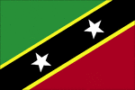 Color flag of Saint Kitts and Nevis. Divided diagonally from the lower hoist side by a broad black band bearing two white, five-pointed stars; the black band is edged in yellow; the upper triangle is green, the lower triangle is red.