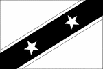 Black and white outline flag of Saint Kitts and Nevis. Divided diagonally from the lower hoist side by a broad black band bearing two white, five-pointed stars; the black band is edged in yellow; the upper triangle is green, the lower triangle is red