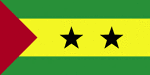 Color flag of Sao Tome and Principe. Three horizontal bands of green (top), yellow (double width), and green with two black five-pointed stars placed side by side in the center of the yellow band and a red isosceles triangle based on the hoist side; uses the popular pan-African colors of Ethiopia.