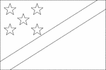 Black and white outline flag of Solomon Islands. Divided diagonally by a thin yellow stripe from the lower hoist-side corner; the upper triangle (hoist side) is blue with five white five-pointed stars arranged in an X pattern; the lower triangle is green