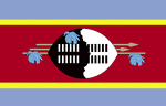Color flag of Swaziland. Three horizontal bands of blue (top), red (triple width), and blue; the red band is edged in yellow; centered in the red band is a large black and white shield covering two spears and a staff decorated with feather tassels, all placed horizontally.