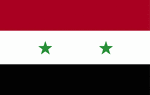 Color flag of Syria. Three equal horizontal bands of red (top), white, and black, colors associated with the Arab Liberation flag; two small, green, five-pointed stars in a horizontal line centered in the white band; former flag of the United Arab Republic where the two stars represented the constituent states of Syria and Egypt; similar to the flag of Yemen, which has a plain white band, Iraq, which has an Arabic inscription centered in the white band, and that of Egypt, which has a gold Eagle of Saladin centered in the white band; the current design dates to 1980.