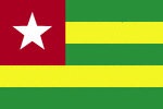Color flag of Togo. Red, with a black isosceles triangle (based on the hoist side) superimposed on a slightly longer yellow arrowhead that extends to the center of the flag; a white star is in the center of the black triangle.