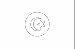 Black and white outline flag of Tunisia. Red with a white disk in the center bearing a red crescent nearly encircling a red five-pointed star; the crescent and star are traditional symbols of Islam