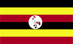 Color flag of Uganda. Six equal horizontal bands of black (top), yellow, red, black, yellow, and red; a white disk is superimposed at the center and depicts a red-crested crane (the national symbol) facing the hoist side.