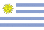 Color flag of Uruguay. Nine equal horizontal stripes of white (top and bottom) alternating with blue; a white square in the upper hoist-side corner with a yellow sun bearing a human face known as the Sun of May with 16 rays that alternate between triangular and wavy.