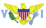 Color flag of Virgin Islands. white field with a modified US coat of arms in the center between the large blue initials V and I; the coat of arms shows a yellow eagle holding an olive branch in one talon and three arrows in the other with a superimposed shield of vertical red and white stripes below a blue panel.