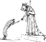 Reynard the Fox, after telling his story about the treasure to the king, proffers a straw to Lion, surrendering the treasure to him.
