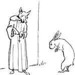 Laprell the rabbit greeting Reynard the Fox who is dressed as a peaceful pilgrim.