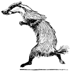 Grimbard the badger running to warn Reynard the Fox that King Lion is after him.