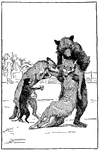 Bruin the bear, Tibert the cat, and Ereswine the wolf tend to Isegrim after being beaten in the fight with Reynard.