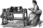 A woman makes rope using an early type of machine for spinning rope yarn.
