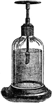 "In the gold-leaf electroscope (invented by Bennet in 1787), two light strips of gold-leaf hang from the lower end of a metal rod, which passes vertically through an opening in the top of a glass bottle and expands above into a plate. If a piece of rubbed sealing-wax or other electrified body be brought near the plate, the gold leaves will repel each other and diverge ... A cylinder of wire gauze placed just inside the glass case, improves the action of the instrument." -Hazeltine, 1894