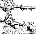 An illustration of a boy sitting on the ground leaning against an apple tree with a large apple laying at his feet.