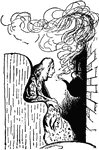 An illustration of a man watching a tea kettle steaming in a fireplace.