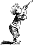 An illustration of a young boy wearing a head covering and holding a blow dart gun.