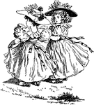 An illustration of two young girls in fancy dresses and large hats.
